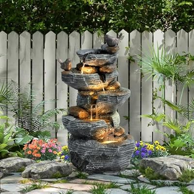 UTOASIS 5 Tiers Garden Fountain Outdoor, 26.4" Waterfalls Rock Waterfall with 4 LED Lights, Modern Resin Fountain Freestanding with Pump and Dicky Bird for Indoor and Porch Patio, Home Art Decor, Grey