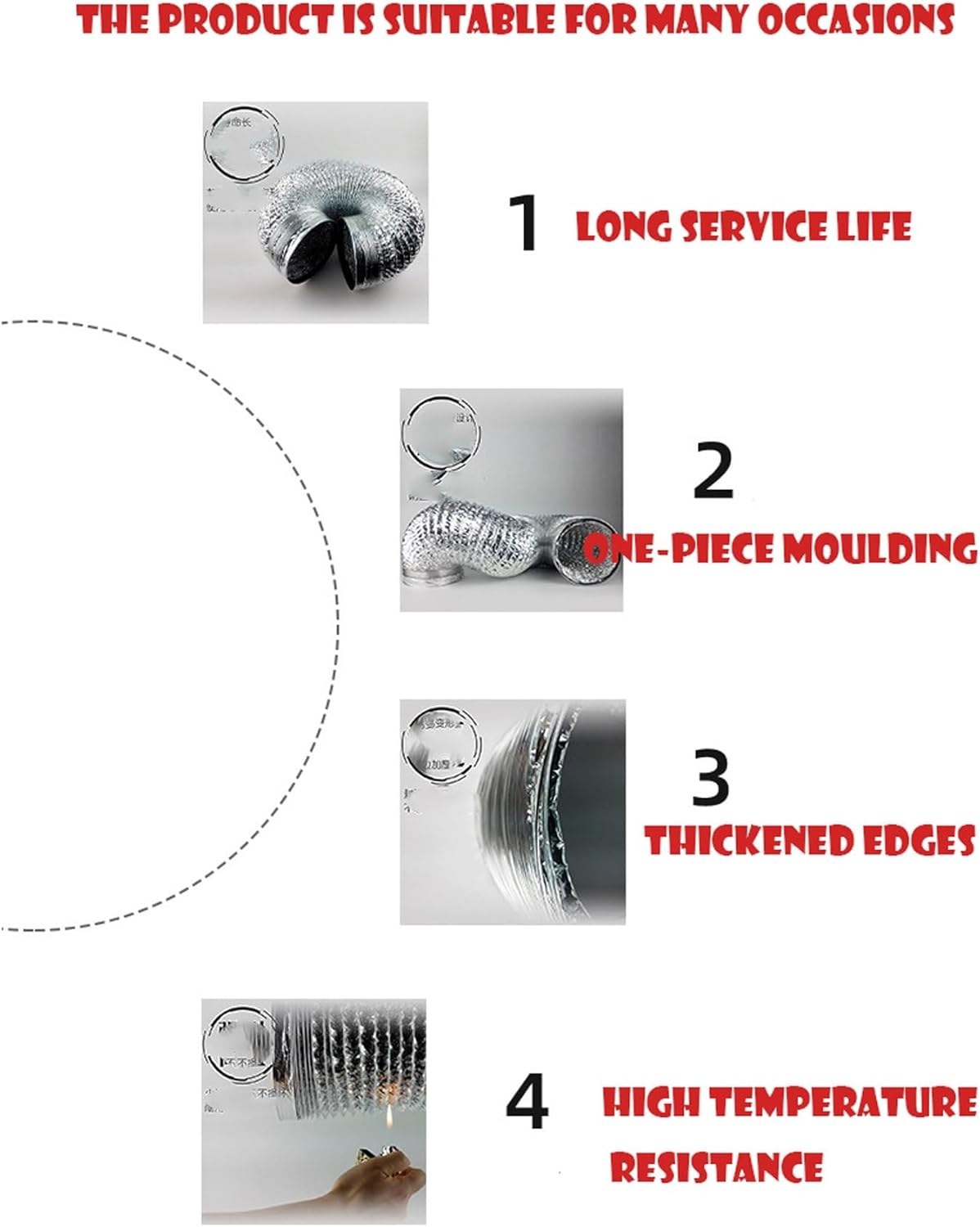 Flexible Aluminum Duct Hose, 1.5m-5m, Ø80-200mm, for Tumble Dryers, Cooker Hoods, AC, 2 Stainless Clamps Included, Heat Resistant(120mm 3m)