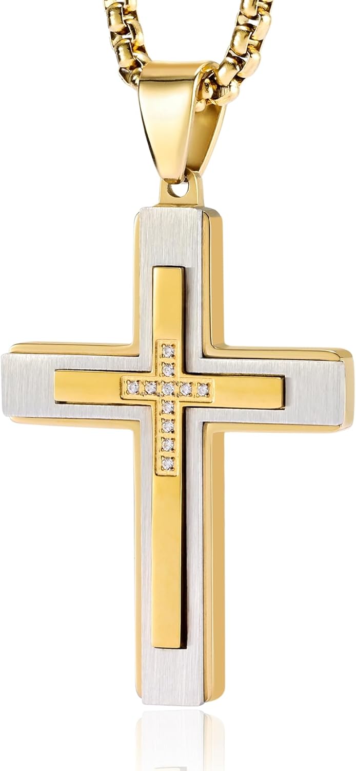 MOOSKI メンズ クロスネックレス シルバー/ゴールド 316ステンレススチール 十字架 イエス ペンダントネックレス メンズ