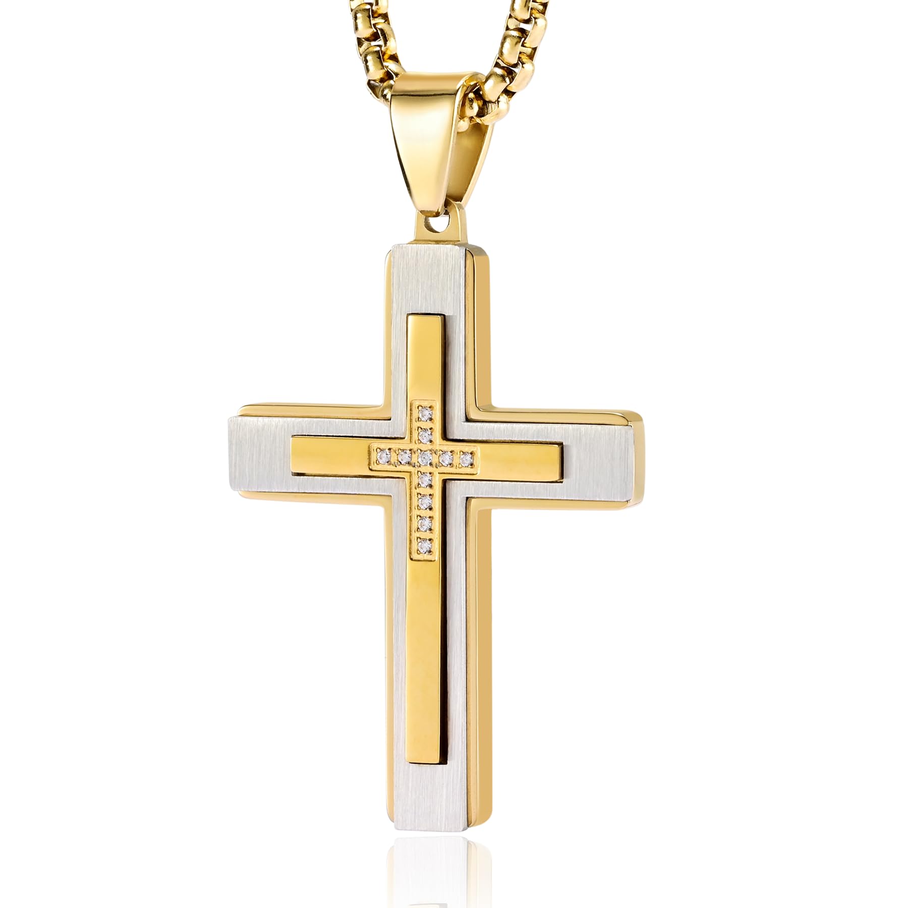 MOOSKI Cross Necklace for Men,Silver Gold Black Mens Cross Necklaces with Cross Chain and 316 Stainless Steel Cross Pendant Jewelry Gifts,Rolo Chain