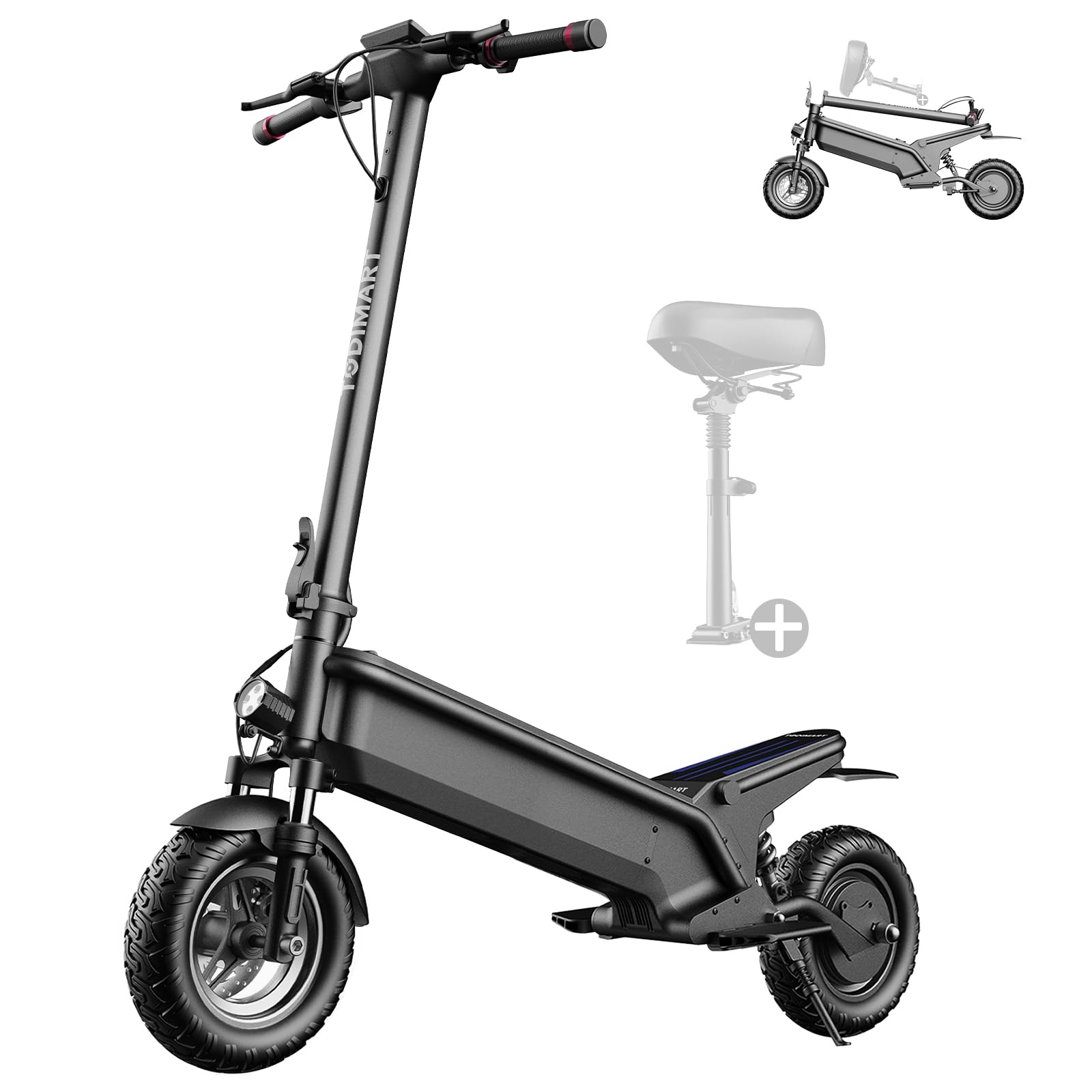 Patinete Eléctrico con Asiento Desmontable YF013, Autonomía 25-30 km, Neumático Off-Road Hueco de 10 Pulgadas, 3 Velocidades Ajustables, Ligero para Adultos/Ancianos