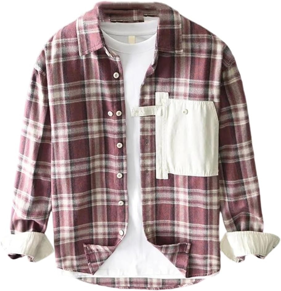 Men Retro Plaid Long Sleeve Shirts Patchwork Solid Cotton Top Casual Loose Shirt