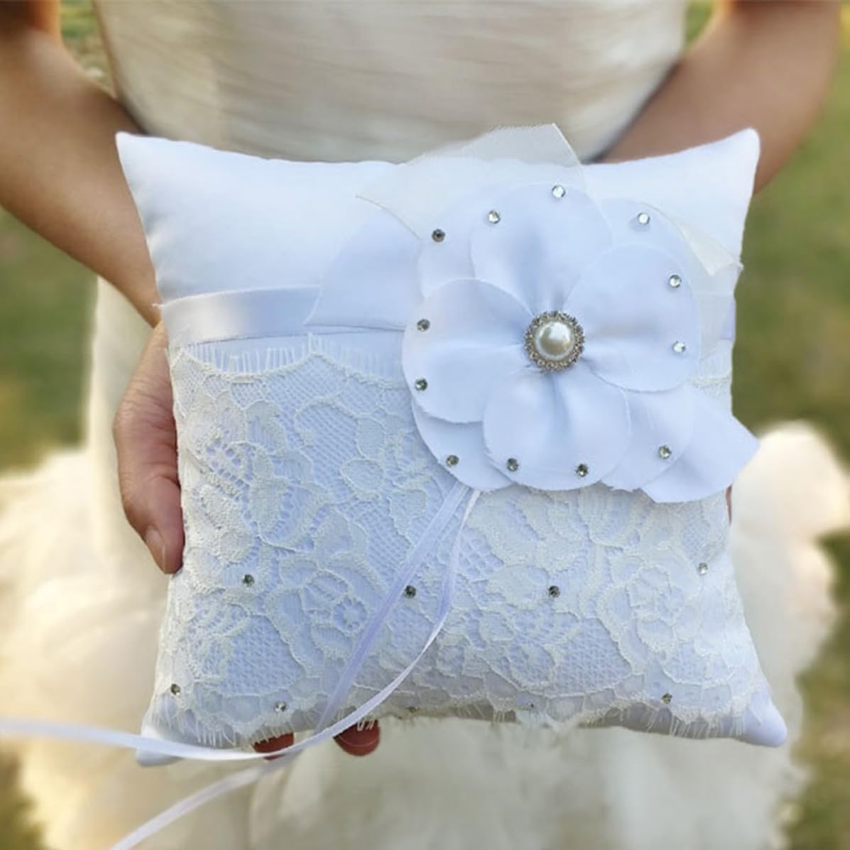 Ciieeo Fabric Lace Cushion Wedding Ring Bearer Pillow 20x20cm
