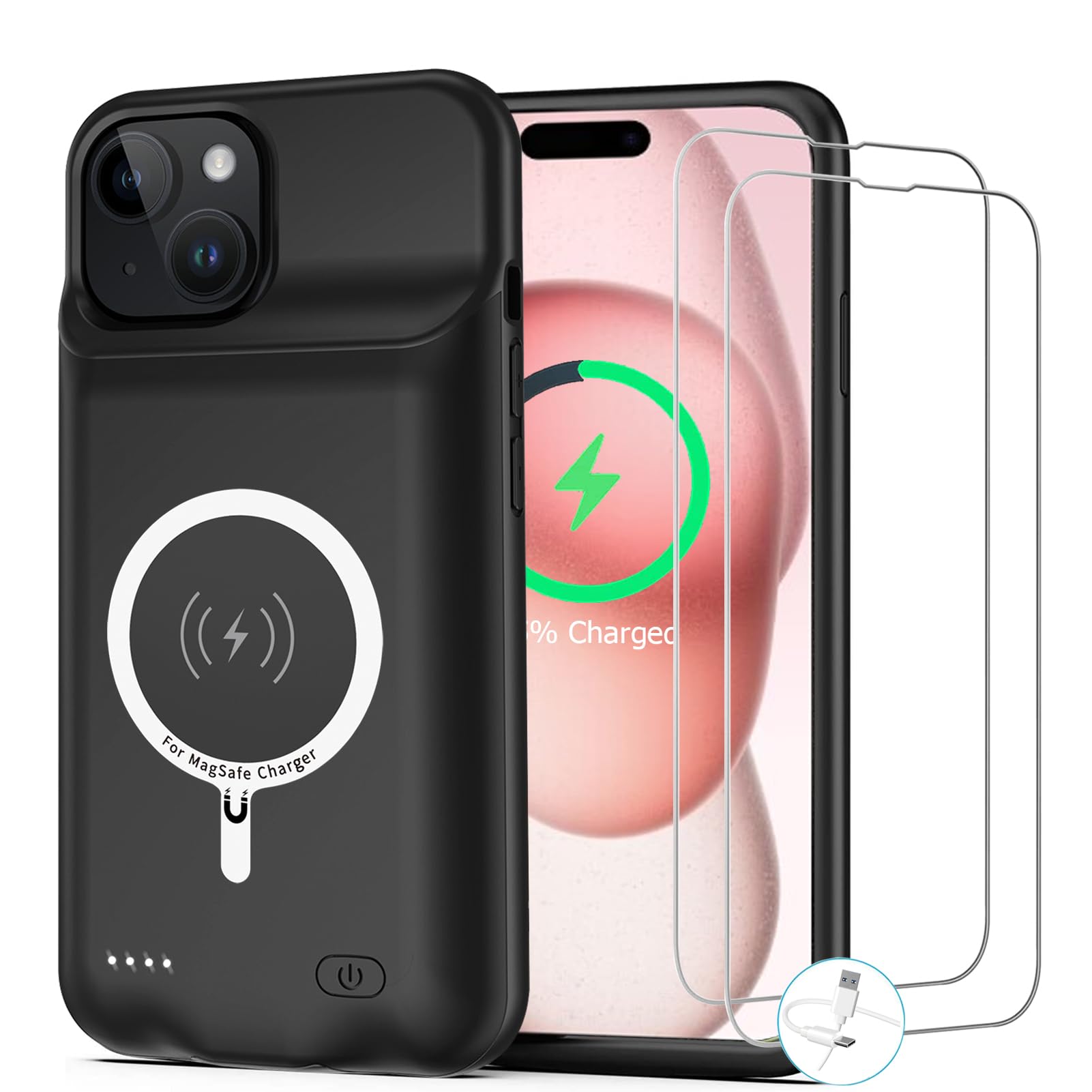 Battery Case for iPhone 15 Plus, [12000mAh] Enhanced Rechargeable Portable Qi Wireless Charger Case Battery Pack Support CarPlay Wireless Charging Case Compatible with iPhone 15 Plus (6.7 inch)-Black