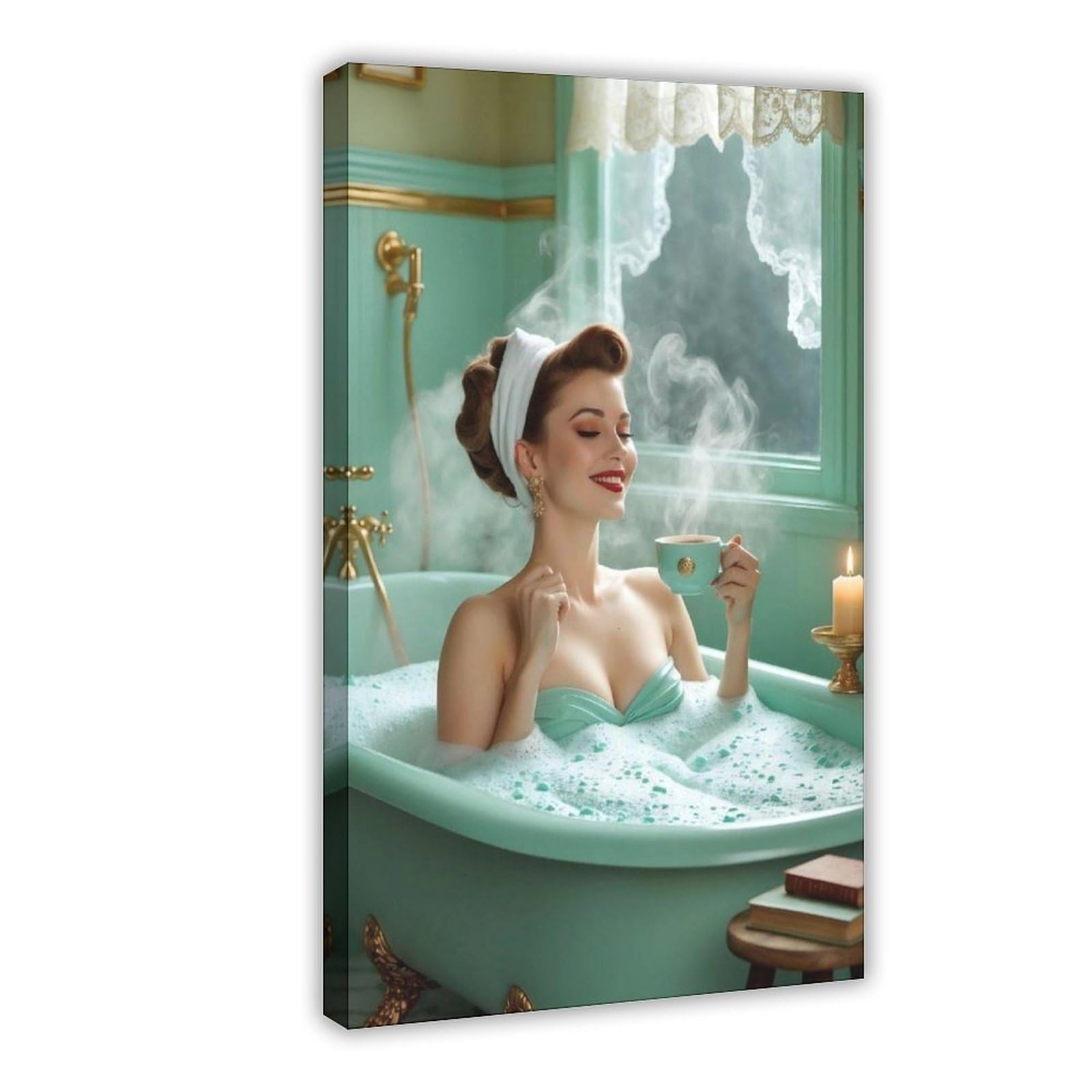 Wlqzfrwv Relaxing Bathtub, Retro Woman In Tub Canvas Poster Bedroom Decor Landscape Office Room Decor Gift 08X12inch(20X30cm)