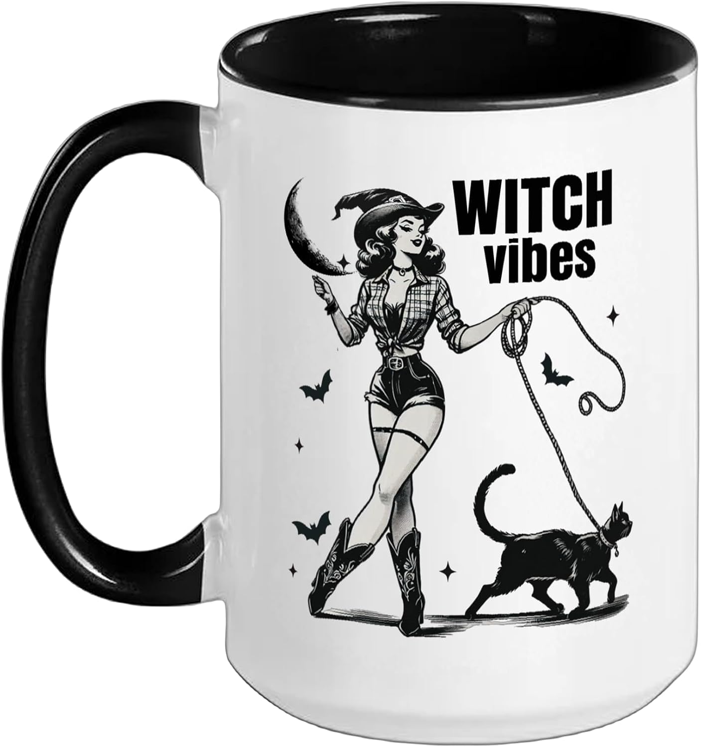 Halloween Cute Cowgirl & Cat Witch Vibes Vintage Retro Ceramic Mug, Black/White, 15oz