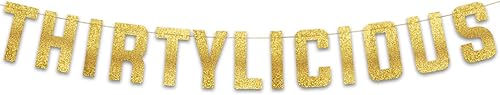 Thirtylicious - Cartel dorado con purpurina Cartel de feliz fiesta de cumpleaños 30 Decoraciones de aniversario de boda Decoraciones de fiesta de