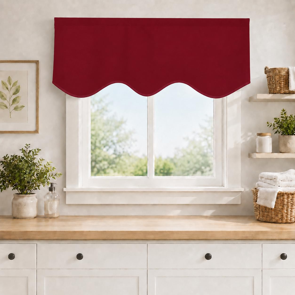 Aquazolax Blackout Scalloped Fringe Curtain Panel, 52" by 18", Polyester & Polyester Blended, Burgundy Red, Valance 52" x 18", 1 Panel