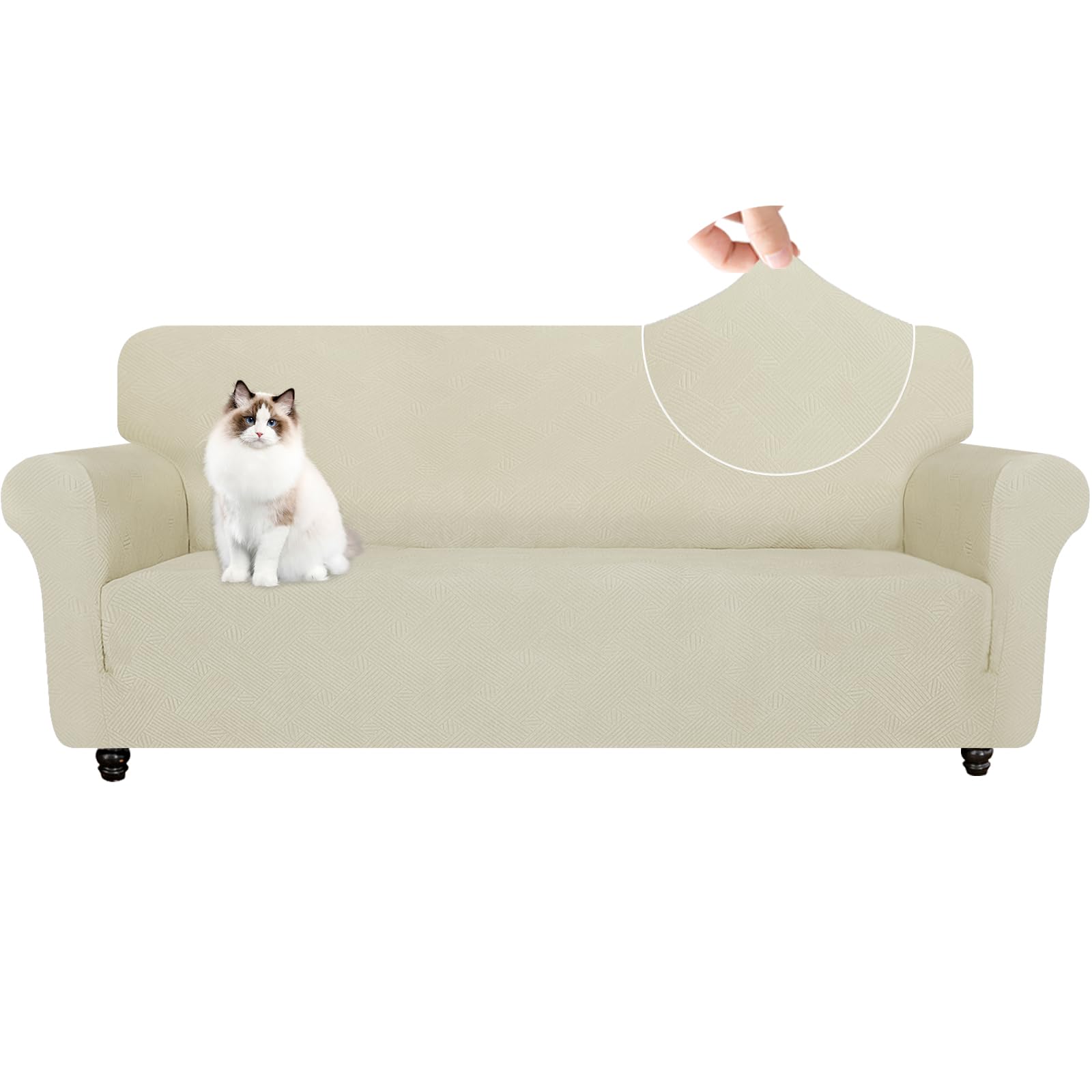 YSTELLAA Stretch Sofa Überzug 3 Sitzer, Elastisch Sofabezug Mit Armlehnen, Jacquard Sofaschoner rutschfest, Universal Sofa Cover Moderne, Couchüberzüge Sofahusse Für Katze Hund, Beige