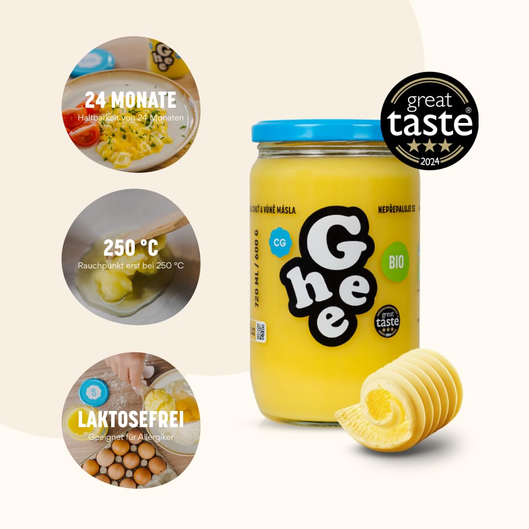 Ghee Bio Butterschmalz 590 g, Geklärte Butter, Laktosefrei | Grasgefüttert, Ayurveda-Qualität, zum Braten Kochen Backen, glutenfrei, ohne Zusatzstoffe, Great Taste Award, 100% EU