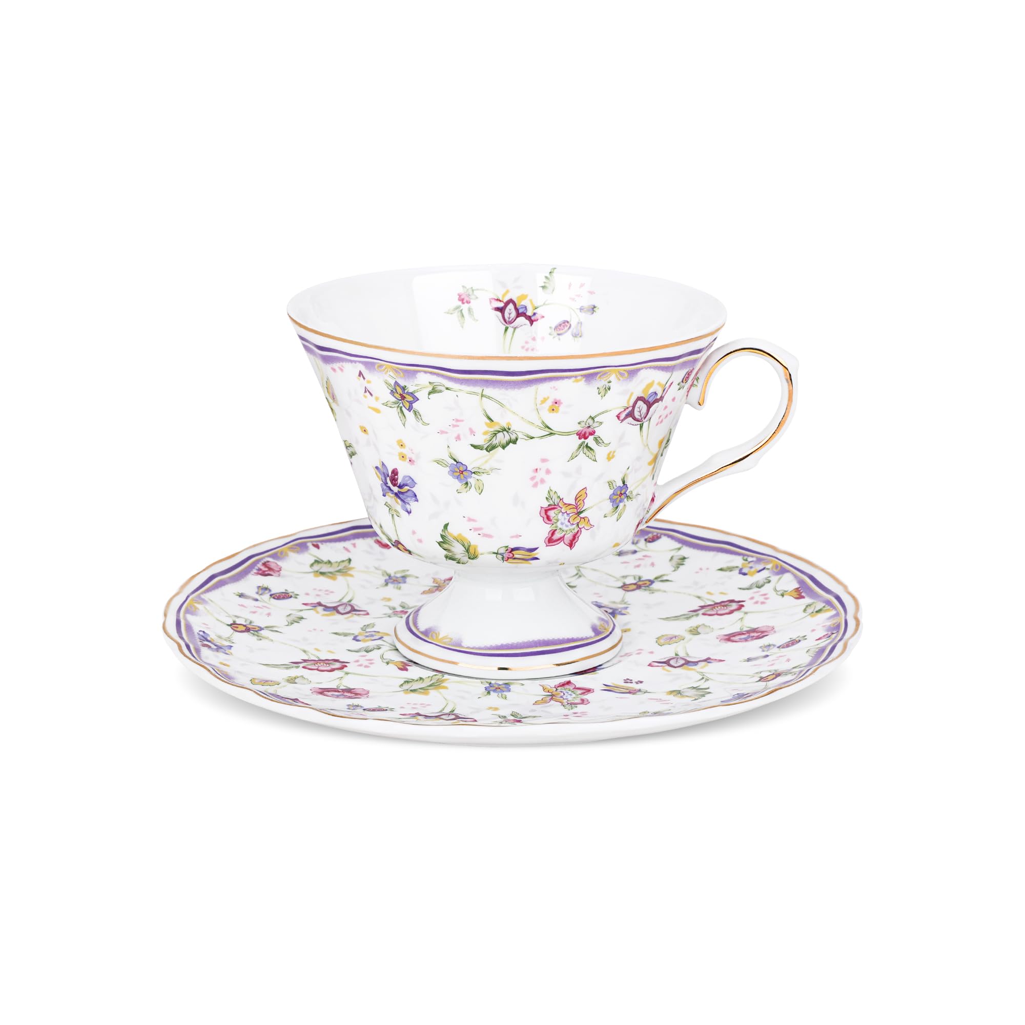 Tasse à thé et café en porcelaine fanquare 170ml avec soucoupe motif fleurs mauves