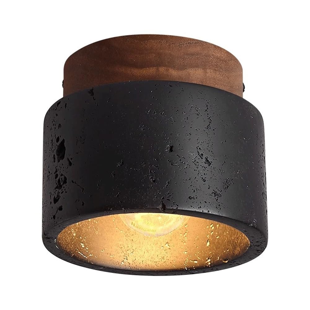ITOSUI Black Travertine Flush Mount Ceiling Light, Japanese Style Natural Stone Downlight with Walnut Wood Canopy, Industrial Ambient Lighting for Hallway Bedroom Entryway
