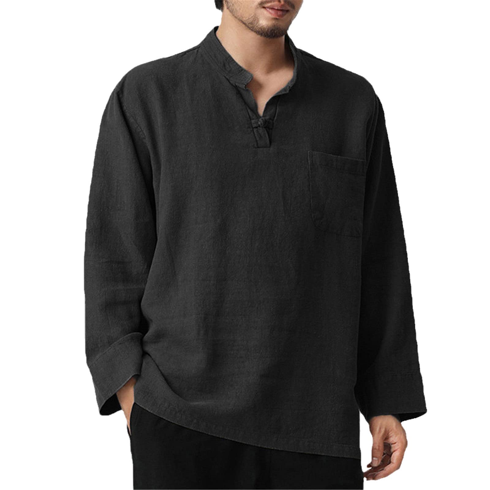 Magliette da uomo alla moda, con scollo a V, tasche sul petto con bottoni in stile retrò, Nero , XXL