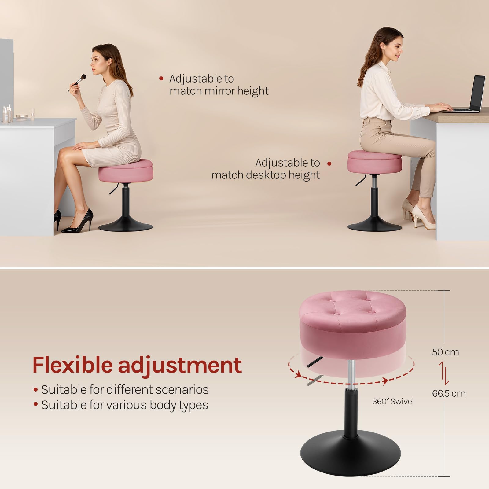WOLTU Barkruk laag, kruk met opbergruimte, draaibare make-upkruk, kruk in hoogte verstelbaar 49,5-65 cm, draaikruk voor bar, make-uptafel, keukeneiland, toonbank, fluwelen bekleding, roze, BH329rs-1