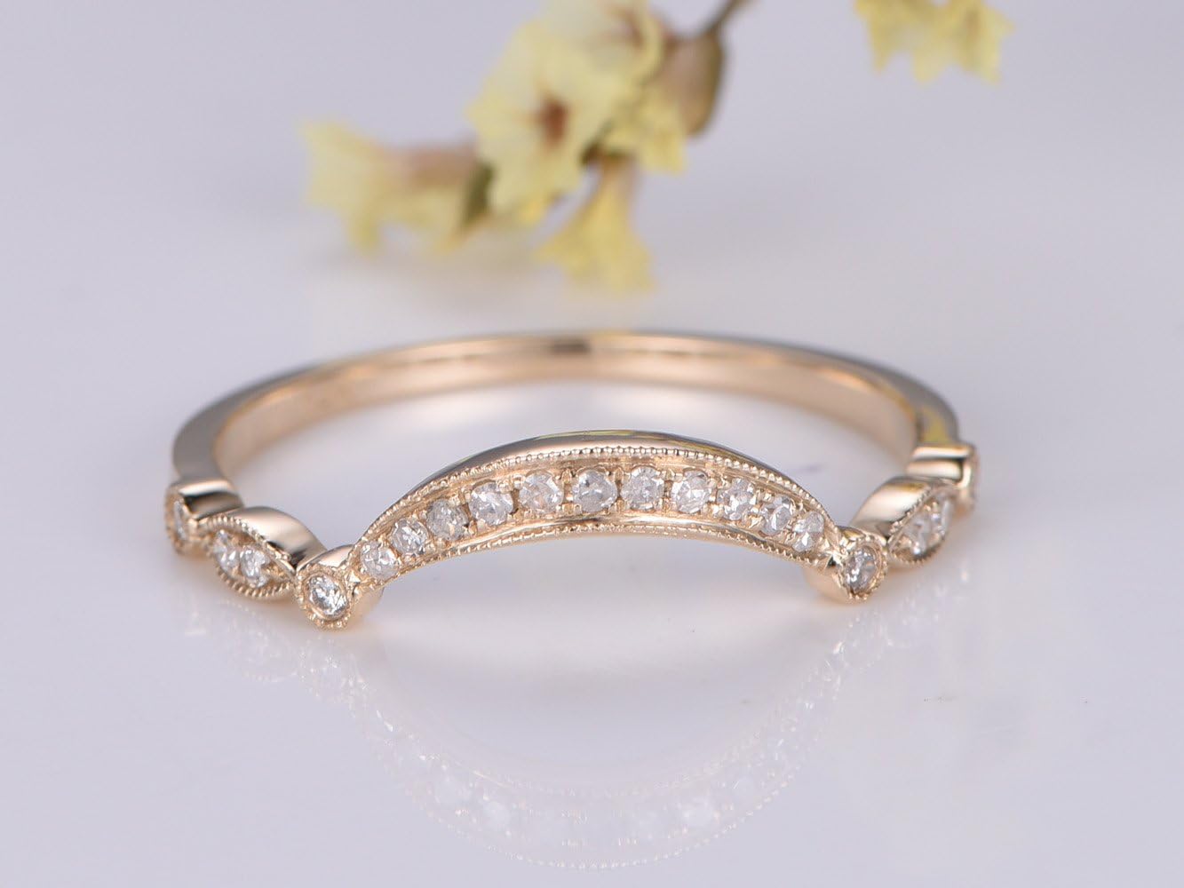 1/2 Eternity Natural Diamond Wedding Band,Milgrain Curved Solid 14k Rose Gold Engagement Ring,Marquise Style Bridal Promise Ring,Crown