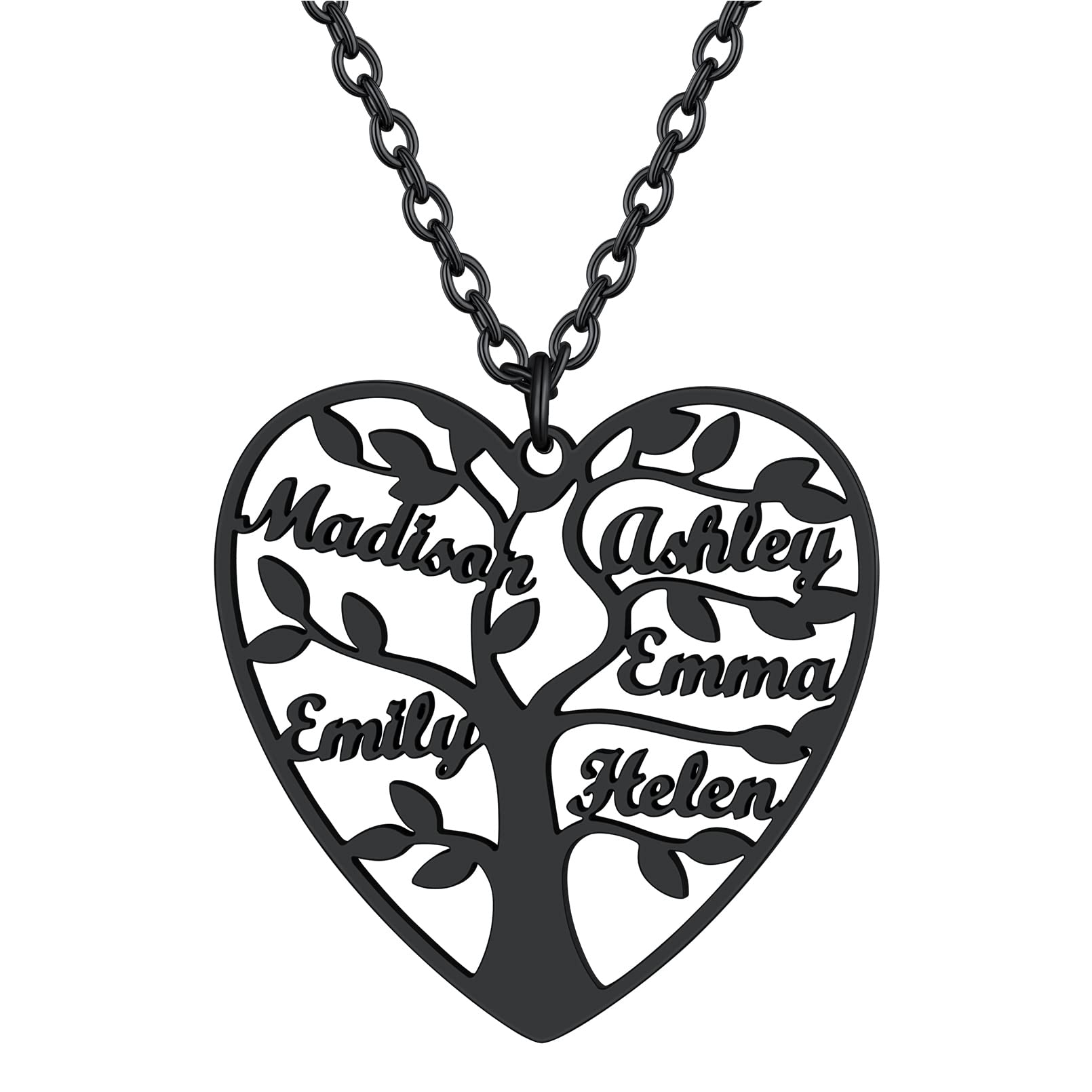 Custom4U Collana Cuore con Nome Personalizzat 1/2/3/4/5/6/7/8 Nome Collana Acciaio 50+5 CM Alta Qualità Famiglia Nome Traforate Albero della Vita Portafortuna BFF Regalo Creativo