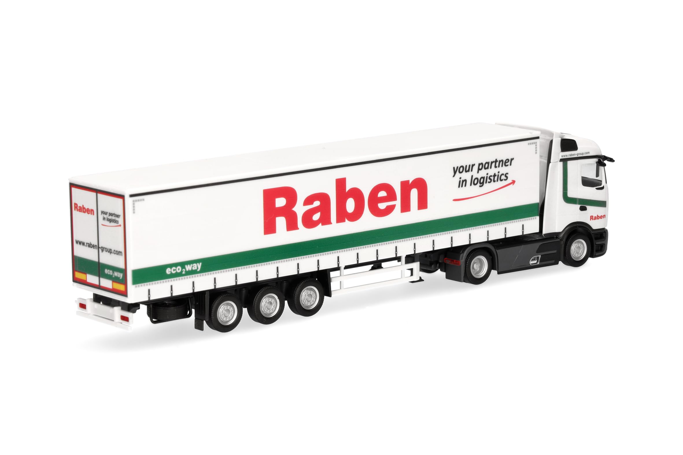 Herpa model ciężarówki Mercedes-Benz Actros L ProCabin Streamspace zestaw z naczepą kurtynową „Raben Logistics”, miniatura w skali 1:87, model kolekcjonerski, Made in Germany, tworzywo sztuczne