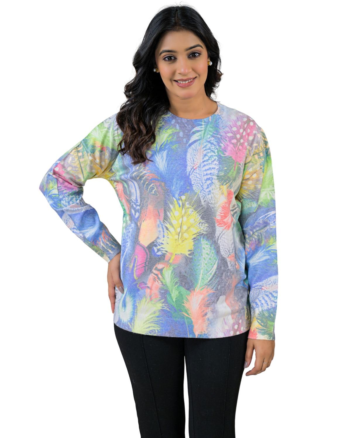 soul armor Womens All Over Feather Pattern Round Neck Knit Pullover Long Sleeve Relaxed Fit-picture-27