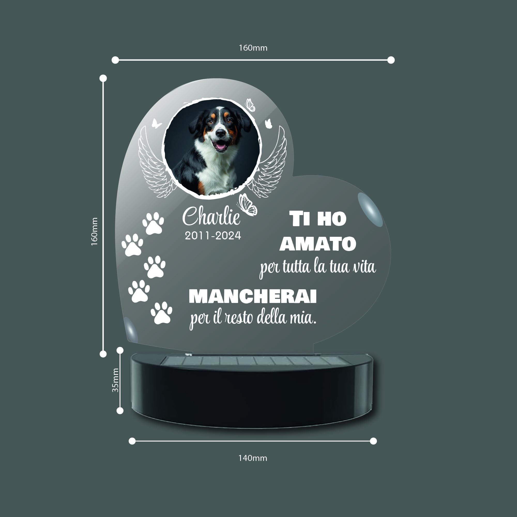 La Farfalla di Legno Lampada Commemorativa LED Solare per Cane e Gatto - Memoriale LED da Giardino Personalizzabile (Cuore)