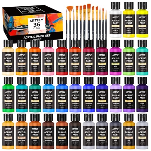 ARTFLY Acrylfarben Set, 36 Farben (2oz/60ml), 12 Pinseln, ungiftig, Acryl...