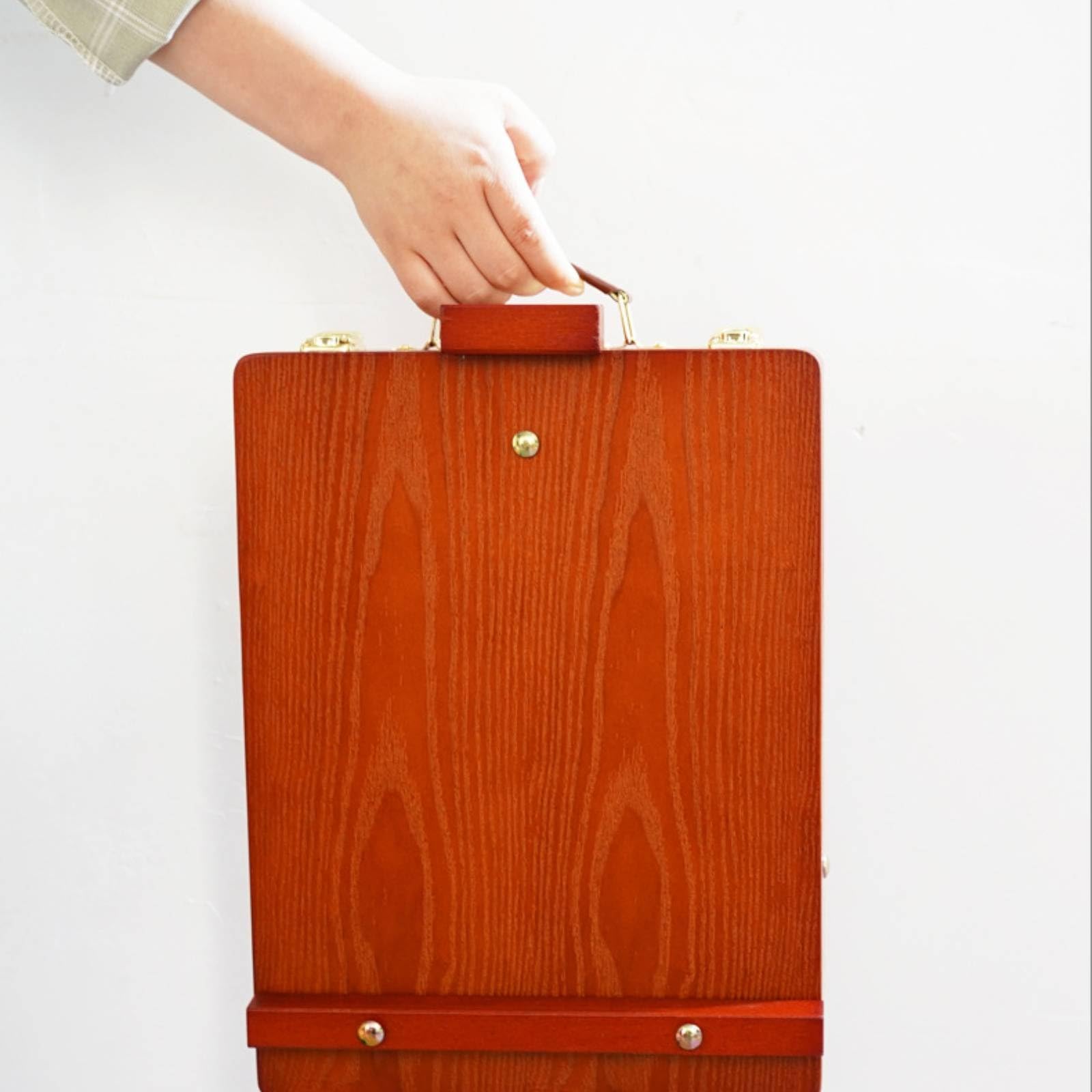 Malkoffer Holz Staffelei Box Malbox Zeichenkoffer mit Stabilem Deckel als Tischstaffelei Innenfächer für Material Abgerundete Ecken für Atelier Reise Outdoor, Rotbraun