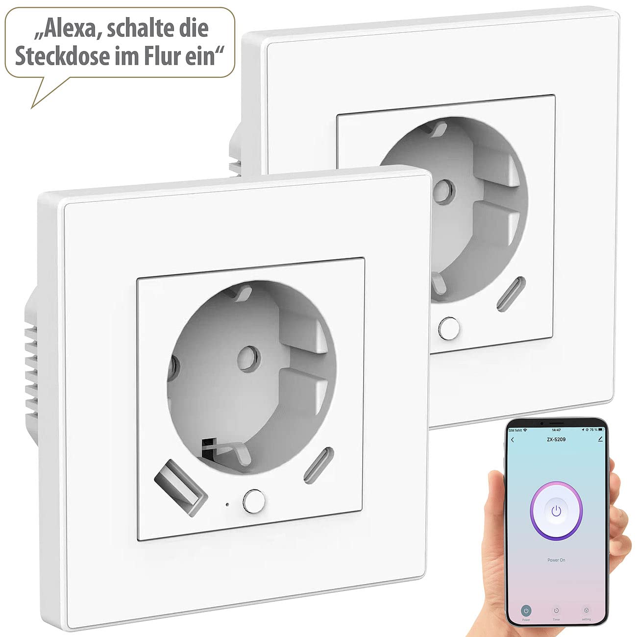 Luminea Home Control Smart-WiFi-Steckdose: 3er-Set WLAN-Unterputzsteckdosen mit App, je 1x USB A, 1x USB C, 2 A (WLAN Steckdose Up, Steckdose mit USB-Buchse)