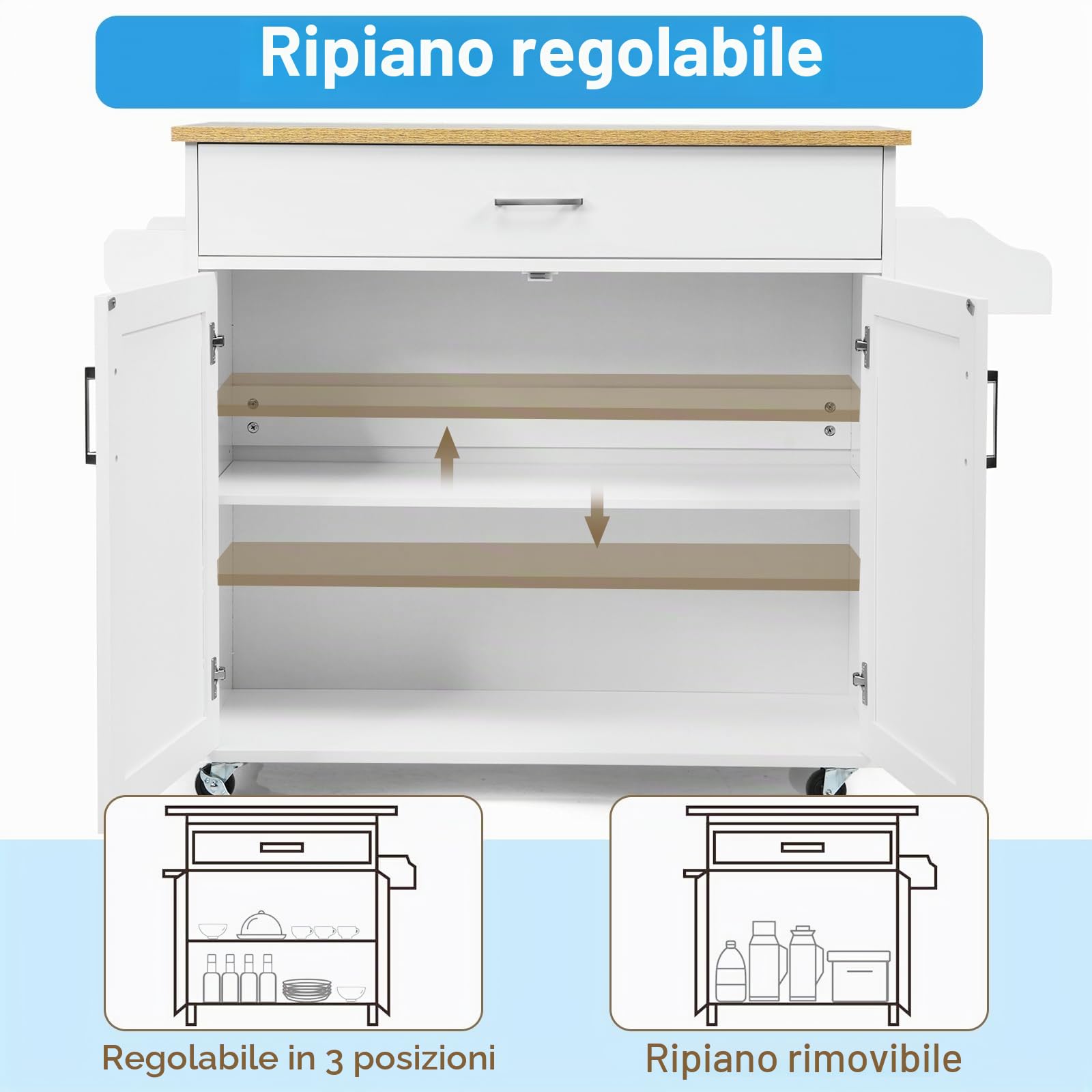 KOMFOTTEU Carrello da Cucina Ausiliario, Carrello di Servizio con Cassetto e Ripiano Regolabile, Isola da Cucina da Sala da Pranzo con Ruote Universali con Freni, in Legno, 116 x 40 x 85 cm, Bianco