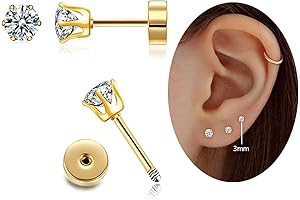 14K Gold 3MM Stud Earrings for Three Piercings