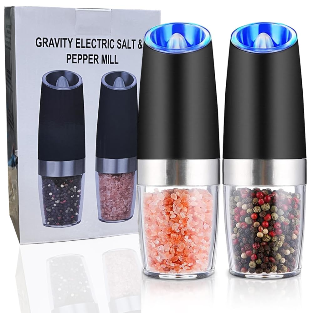 Automatic Pepper and Salt Grinder for Kitchen Set of 2 [Blue Light], Battery Operated with LED Light,Adjustable Coarseness,One Hand Automatic Operation, Stainless Steel