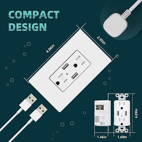 Miniatura 5 de TOPELER Paquete de 2 tomacorrientes de pared USB, toma de corriente con capacidad de carga de 4.8 A, enchufe eléctrico resistente a manipulaciones