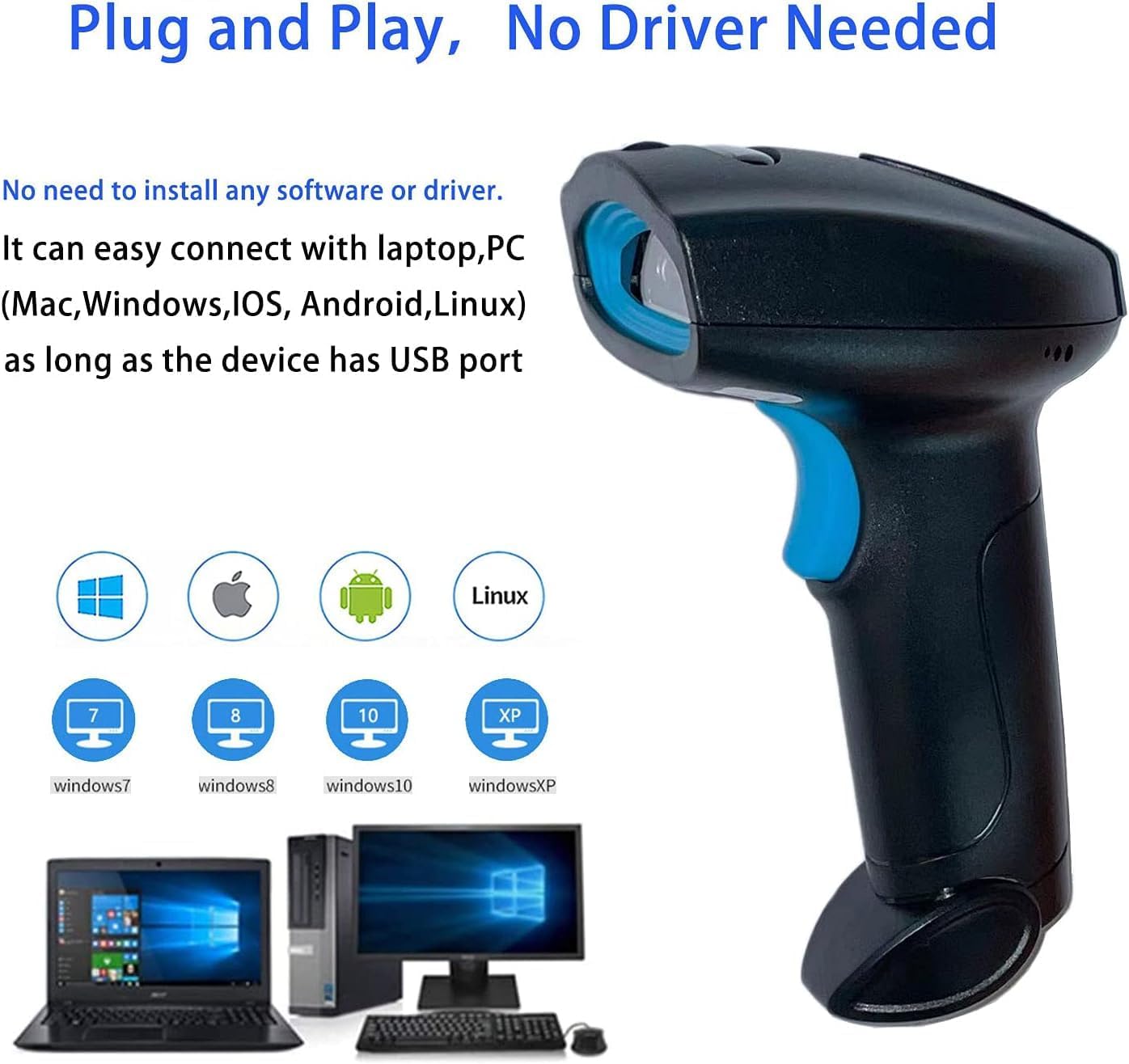 Wireless Bluetooth Barcode Scanner Automatic 2D QR Code Scanner Wireless for POS System, 1D PDF417 Screen Scanning Barcode Reader for Warehouse Inventory,Supermarket,Retail Shop