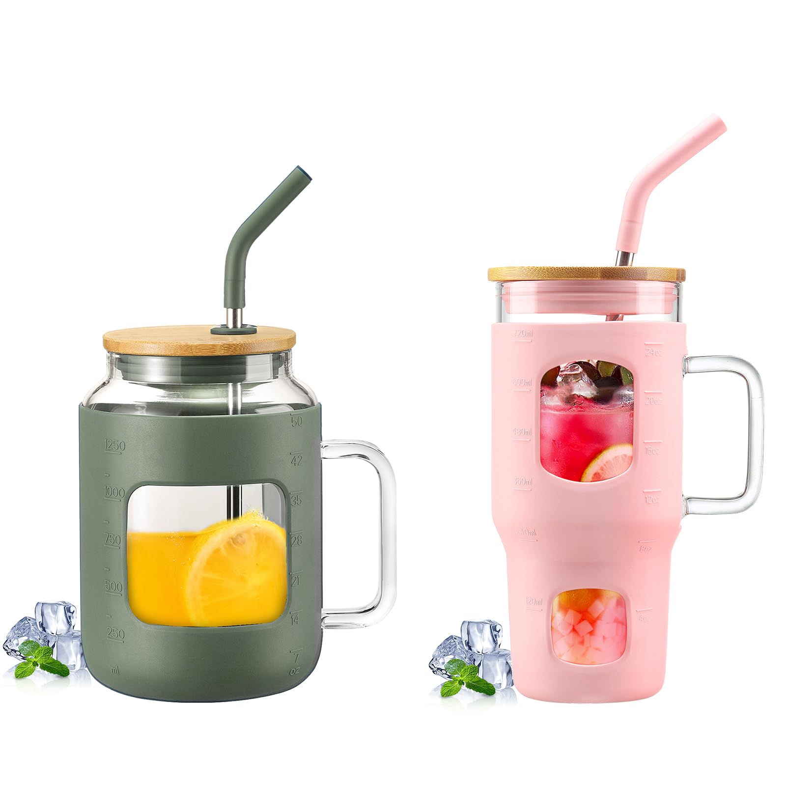 WINSA 50 oz Glass Water Bottles with Silicone Sleeve & 24 oz Glass Tumbler with Lid and Straw Bundle