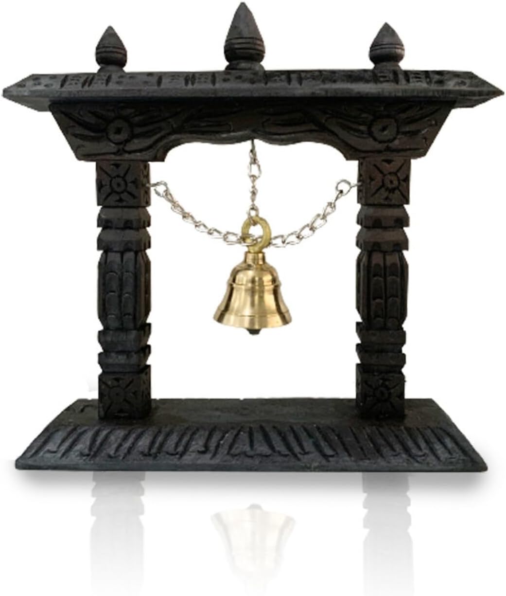 Traditional Table Brass Bell On Wooden Frame Pooja Hand Bell Ghanti for Temple Home Store - Brass Bell for Puja Gift Decoration & Collections - Handmade in Nepal