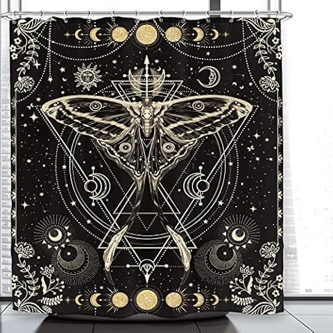 LGhtyro Gold Moth Shower Curtain 60Wx71H Inch Moon Phase Shower Curtain Bathroom Set Gothic Black Butterfly Moonlit Bath Curtain Psychedelic Tarot Fabric Art Bathtub Accessories for Teens Home Decor Cover
