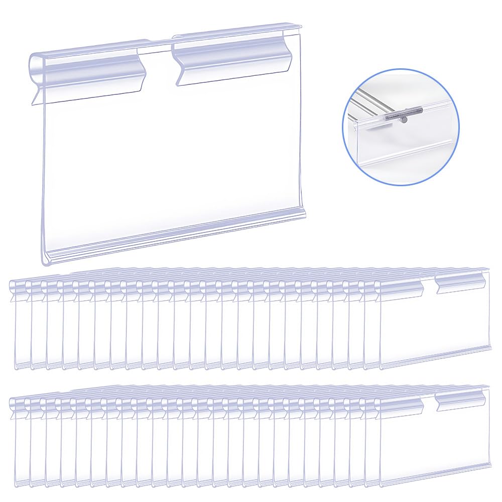 WYAN 50 PCS Clear Plastic Label Holders, Wire Shelf Retail Price Label, Merchandise Sign Display Holder, for Storage Bins, Merchandise Sign Display Holder, Supermarket Shop