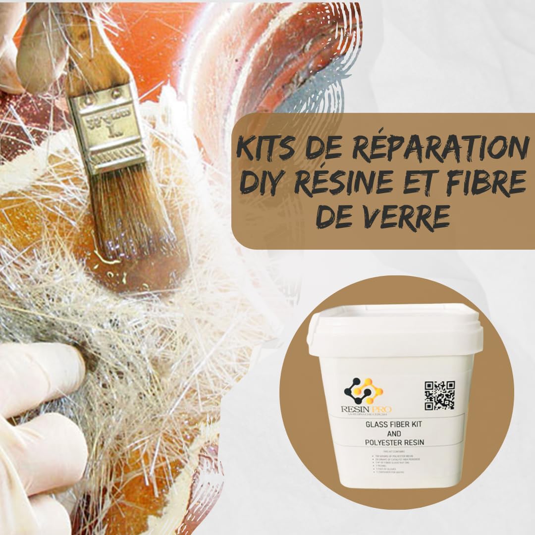 Resin Pro - 700 GR Kit de Réparation Résine Polyester + Fibre de Verre 1M2 MAT 300g/m2 - Rapide, Simple et Durable, Matériau de Renforcement, Résine Polyester Orthophtalique