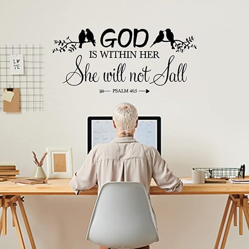 Miniatura 4 de SUPERDANT Calcomanías de pared con cita de Dios está dentro de ella, no fallará, con pájaros en las copas de los árboles, papel tapiz negro para