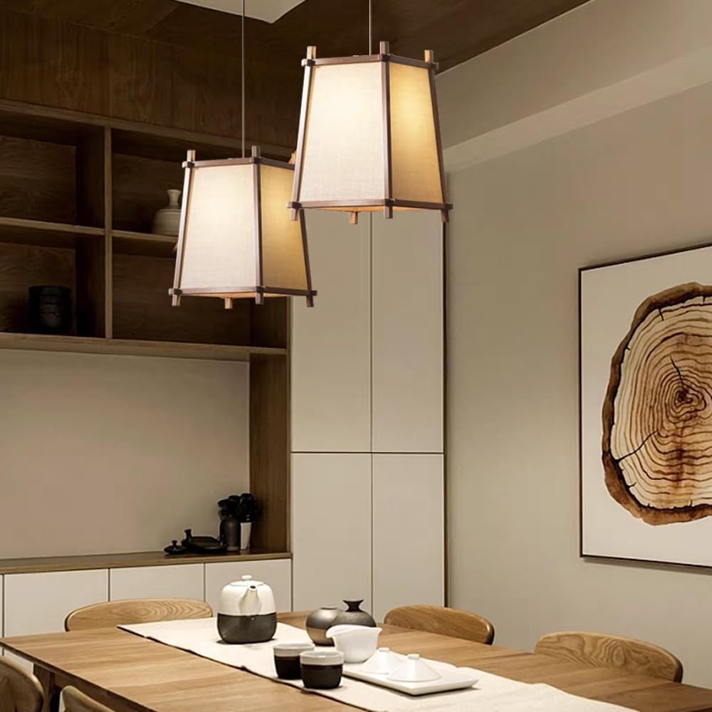 Fabric Light for Bedroom Farmhouse Wood Lighting Fixture Rustic Wood Lantern Light Wabi Sabi Hanging Lamp Mid Century Chandelier for Dining Table Kitchen Island Bar