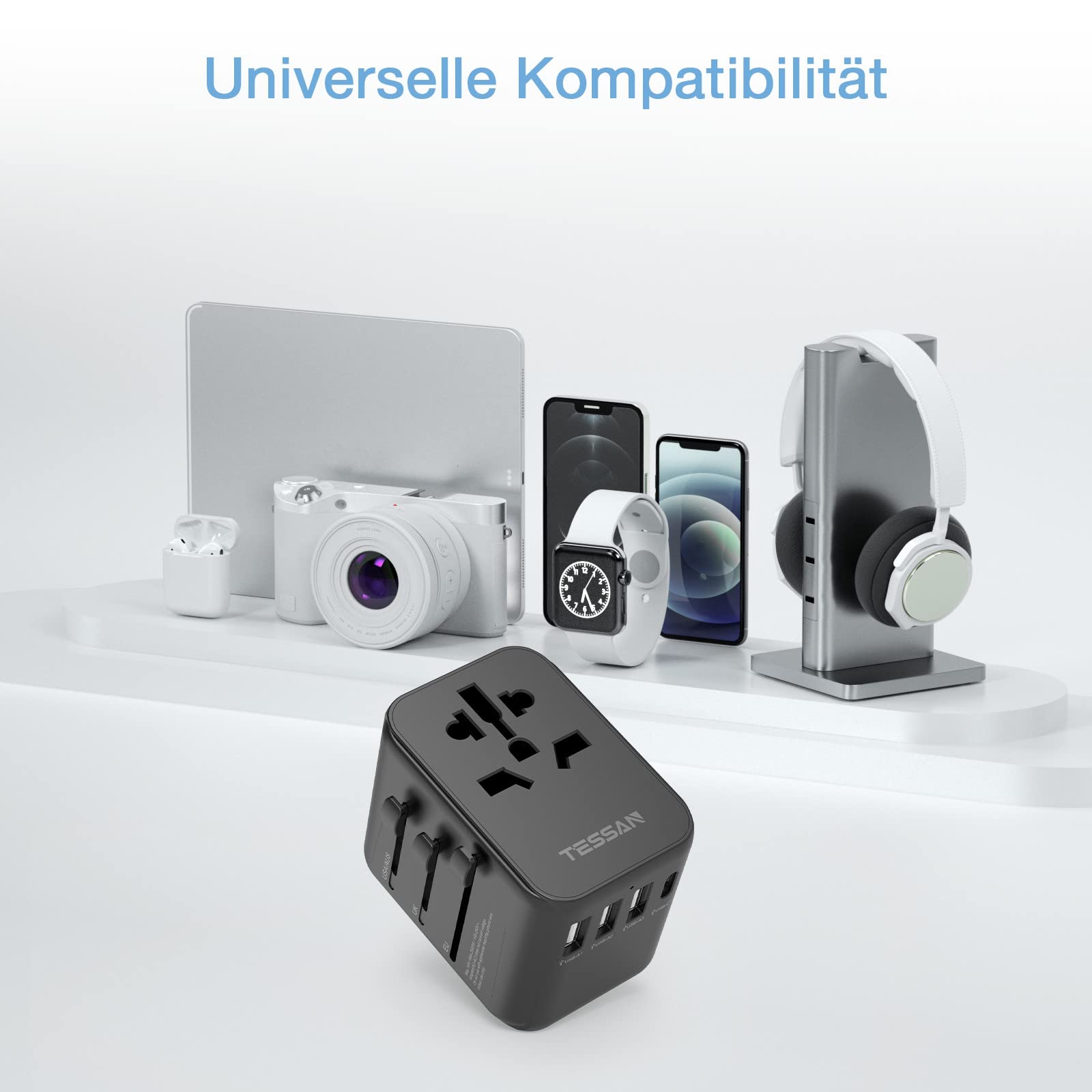 TESSAN Adattatore Universale da Viaggio, Presa Universale da Viaggio con 3 USB A e 1 USB C, Adattatore Spina Internazionale per Italia Inglese Americana Australia, Nero