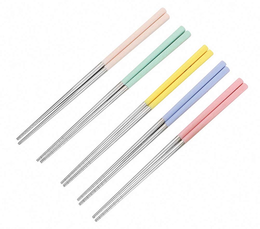 5 Pairs Stainless Steel Chopsticks 9.05" Paint Free Wax Free Chinese Classic Style for Kitchen Dining Room Gourmet Noodles