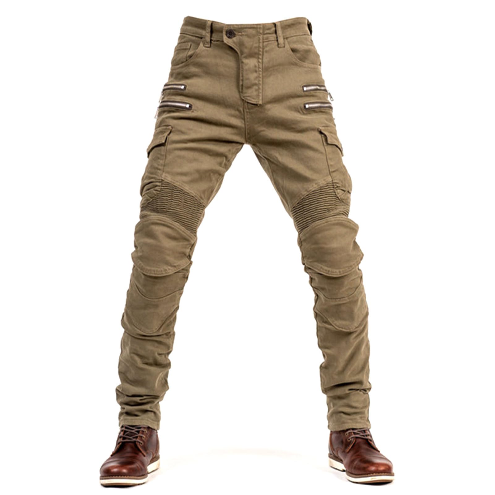 oFzimTo Motorrad-Jeanshose Für Herren, Sturzfeste Jeans Mit Geradem Bein Und 4 Arten Von Schutzausrüstung, Motorradhose Für Motorradrennfahrer (Khaki,L)