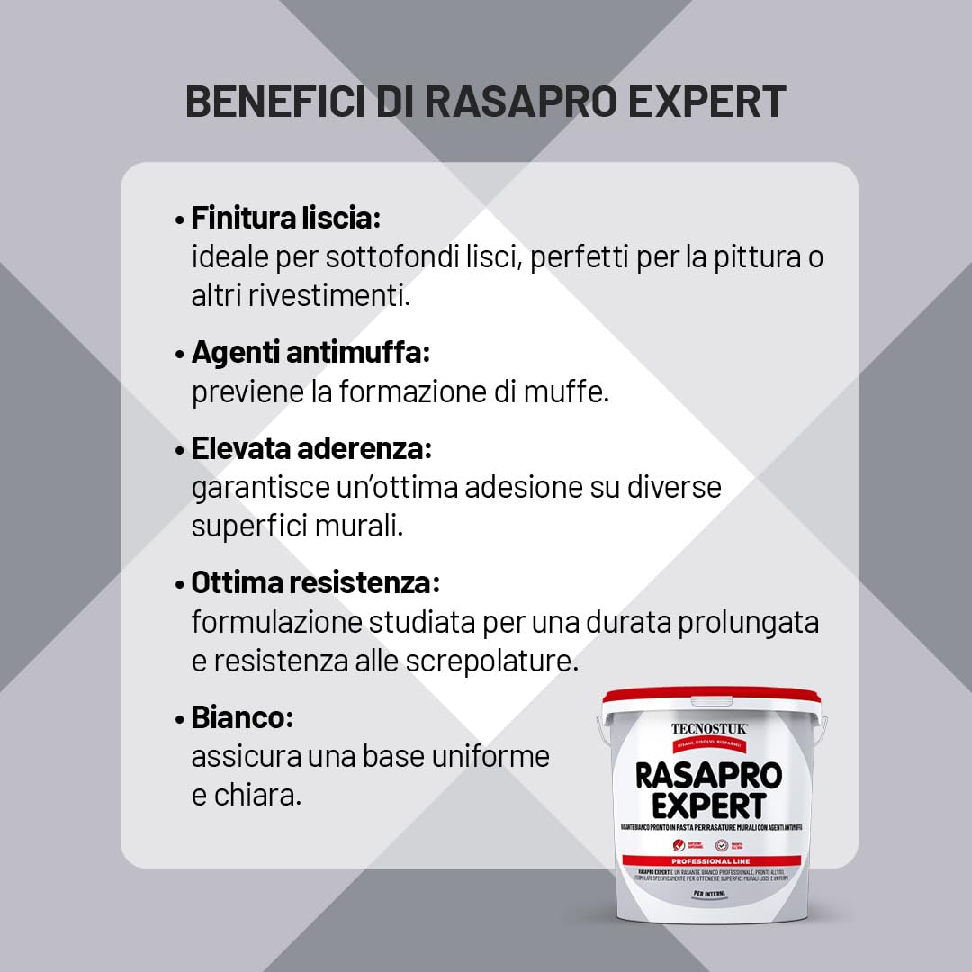 TECNOSTUK RasaPro Expert – Rasante Bianco in Pasta con Agenti Antimuffa per Rasature Murali – Liscia, Adesiva e Pronta all’Uso (20 Litri)