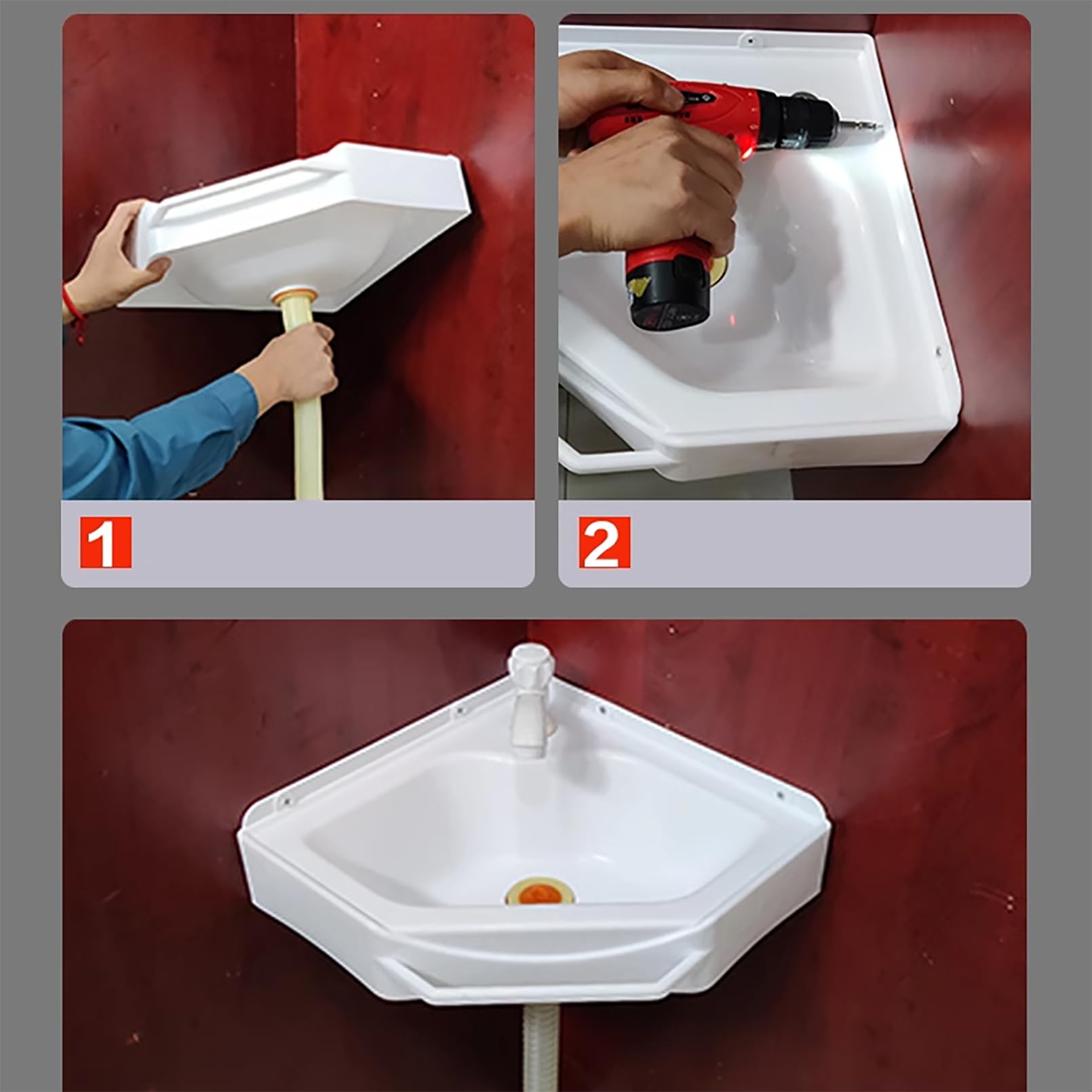Fregadero esquinero de pared de 38 x 20 x 10 cm, de plástico, color blanco, para invitados, baño, camping, jardín, sótano, construcción, fregadero compacto para lavar a mano