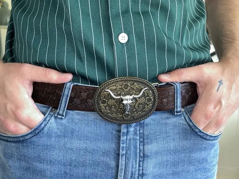 Western Cowboy-Belts for Women Men, Country-Cowigirl-Belt with Longhorn Buckle for Jeans Embossed Floral Leather4