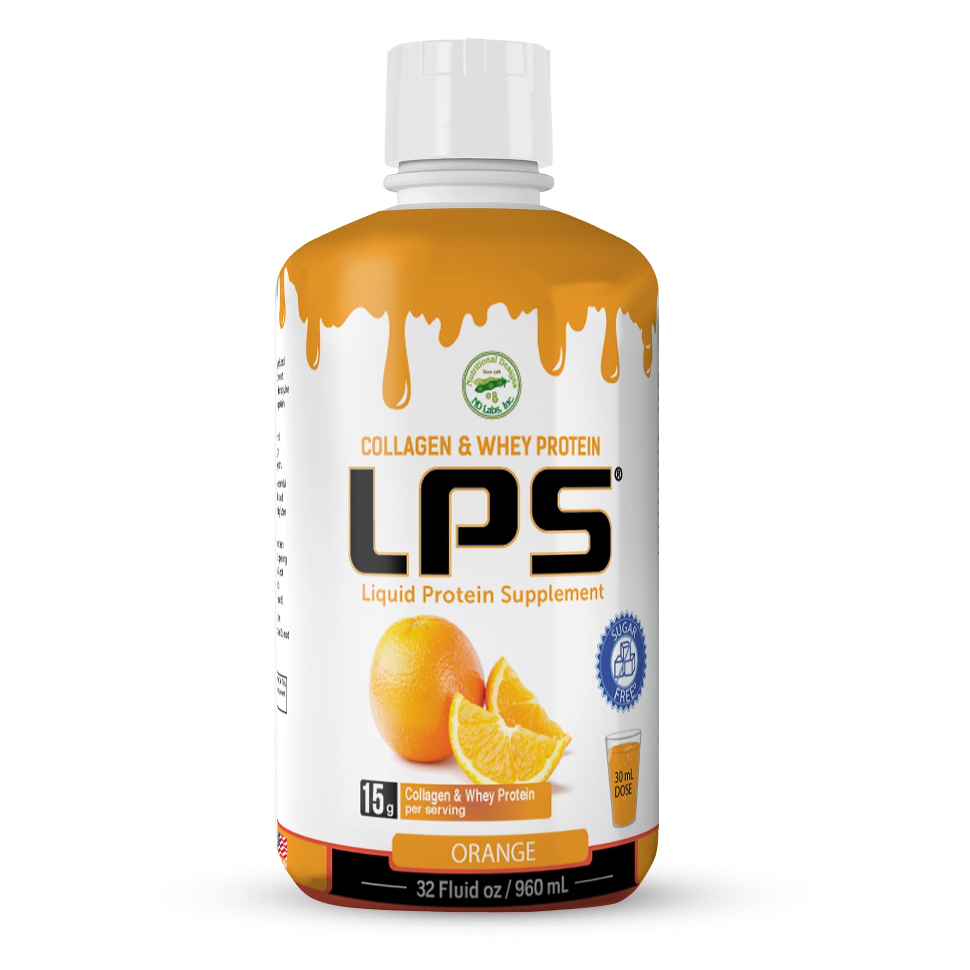 LPS Liquid Collagen & Whey Protein Supplement - Sugar-Free, Dye-Free, Non-GMO Drink - Hydrolyzed Collagen & Whey Peptides Promotes Healthy Skin & Hair for Men & Women, Orange, 32 fl oz