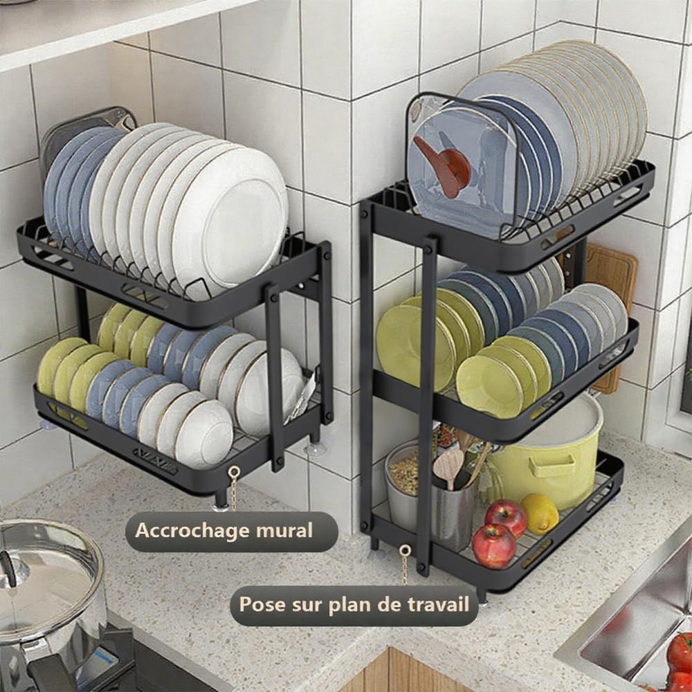 TentHome Escurreplatos Plegable de Acero Inoxidable 304 para Pared (Sin Taladro) / Encimera, Escurridor de Platos Grande para Cocina, Organizador Secaplatos (Negro, Dos Pisos)