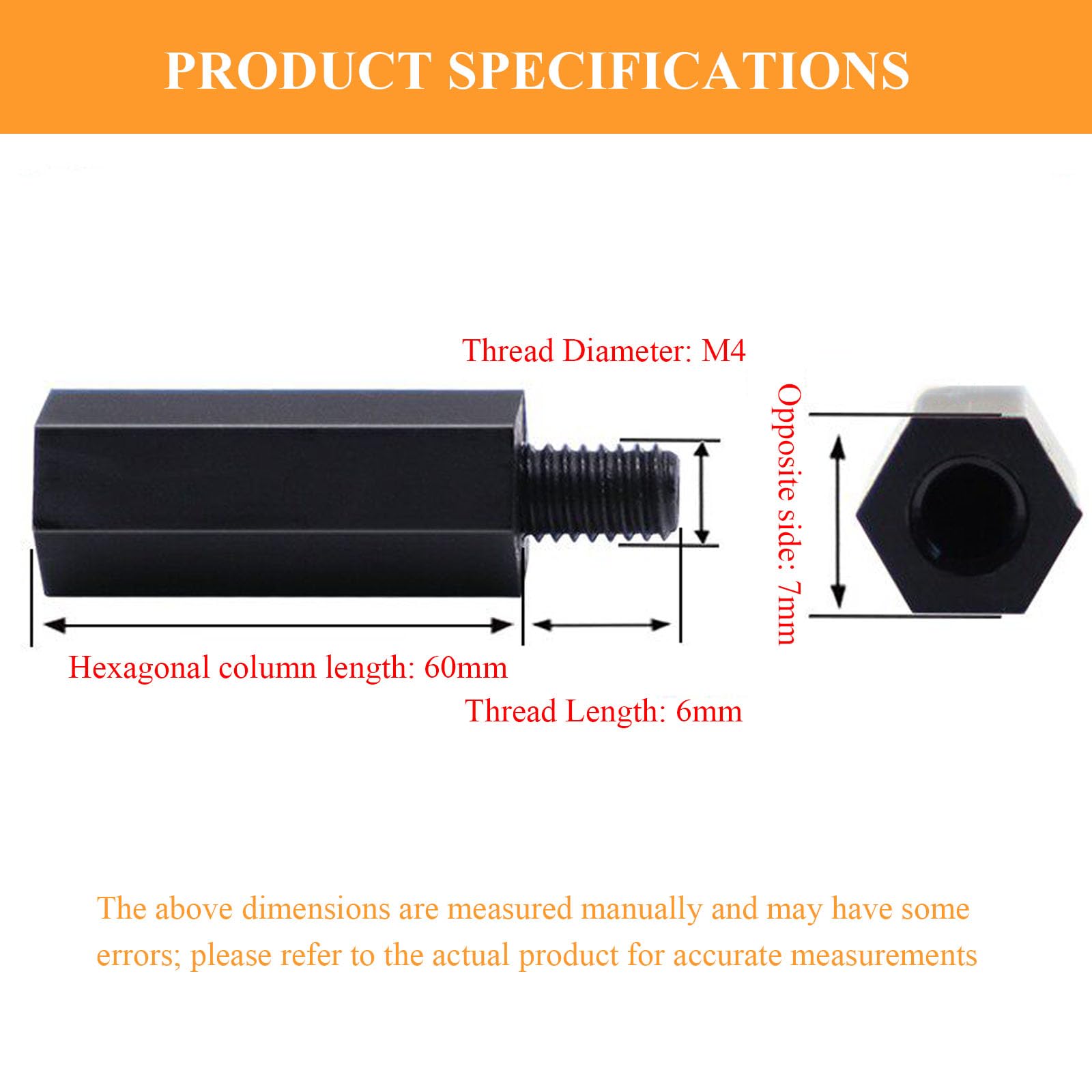Entretoise hexagonale en Nylon M4, 100 pièces, noir, filetage 40-100mm, 6mm(M4x60+6mm)