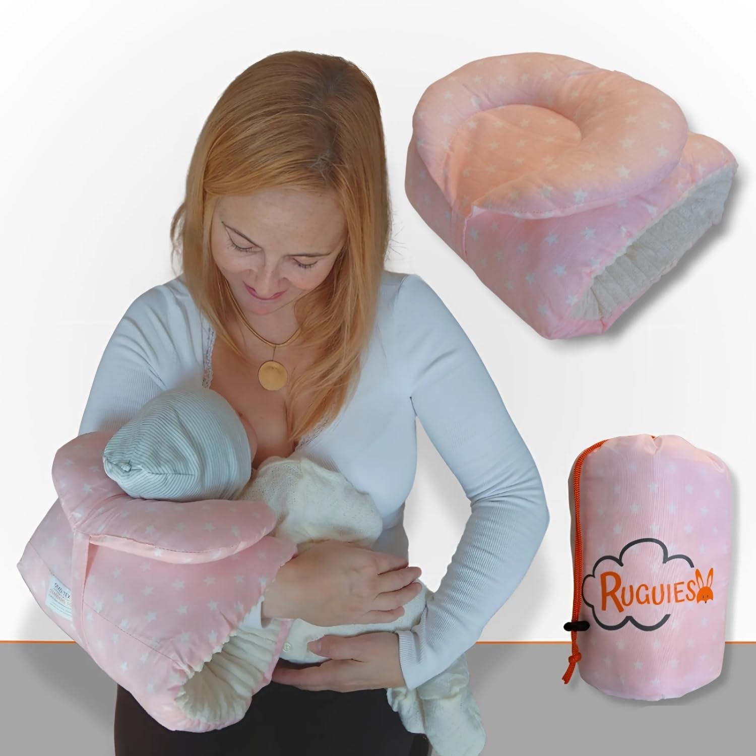 Cojín de Lactancia Ergonómico para Bebés + Almohada Antireflujo para la Cabeza del Bebé a 45º para Máximo Confort- Lactancia Materna o Biberón-De Viaje, Portátil y Pequeño-Oeko Tex. (Pink)