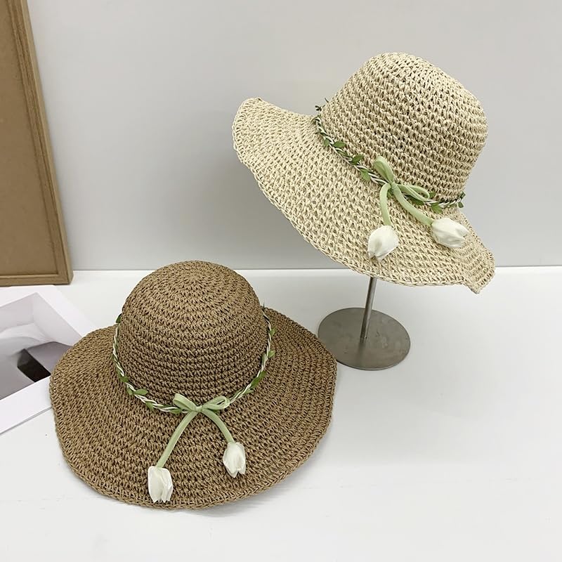 Sombrero de Paja de ala Ancha Transpirable de Verano para Mujer,Sombrero de Paja Tejido con Protección UV y Decoración de Tulipán,Sombrero de Playa Ligera para Jardín,Viajes y Exteriores