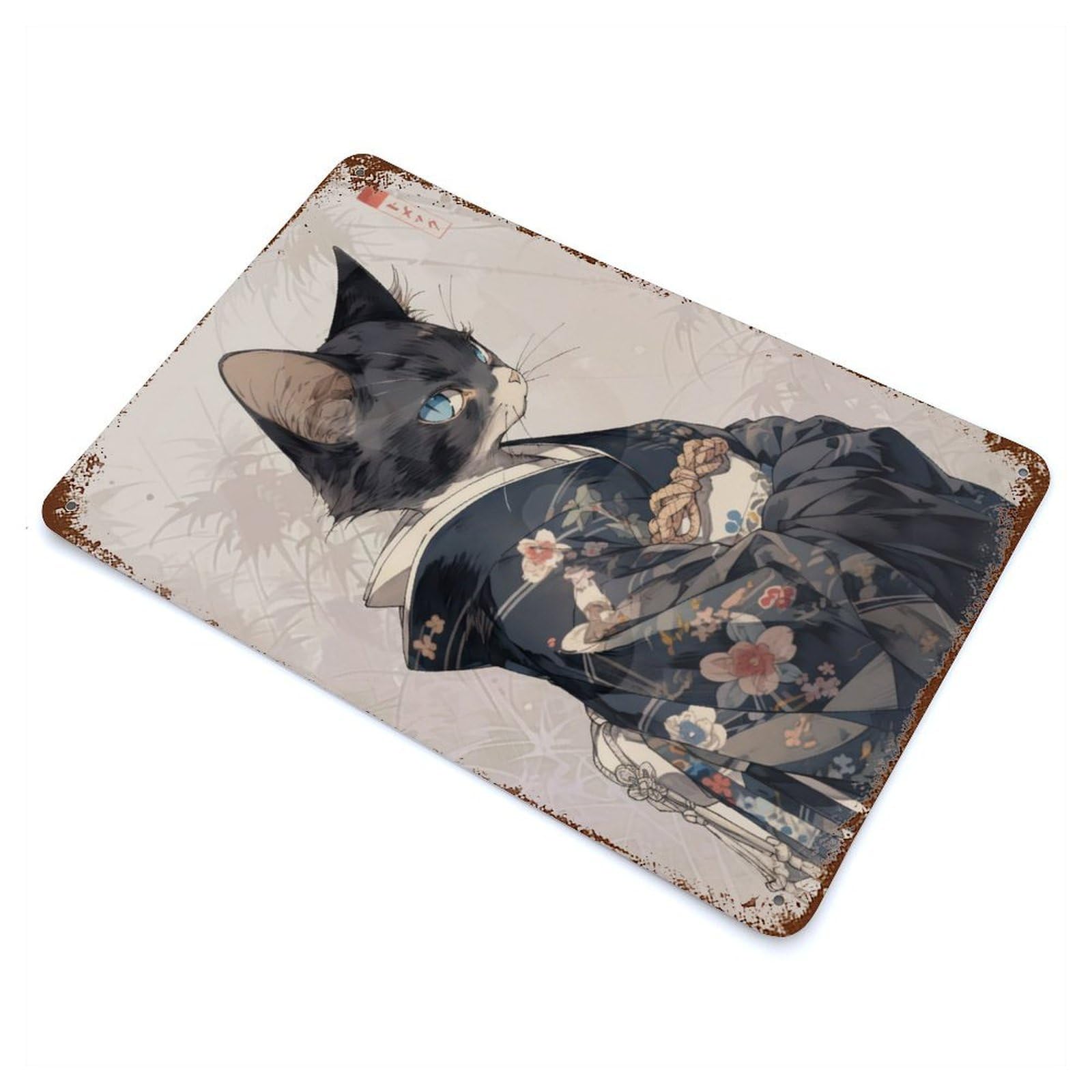 Rust Effect Edo Cat Geisha Rusty Metal Tin Sign 11.8"x7.9", Old School Wall Decor for Pub, Kitchen And Man Cave Decor